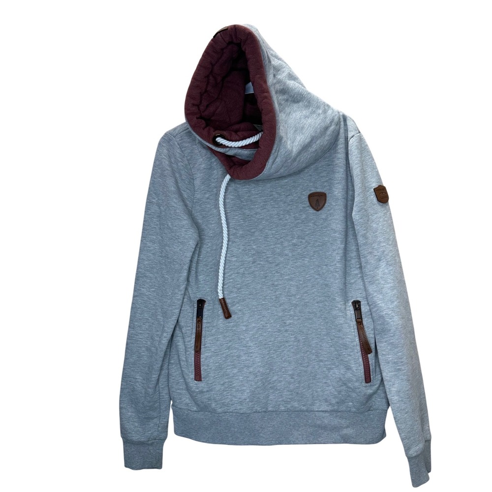 Wanakome Hestia Cowl Neck Hoodie‎ Grey Burgundy Women's Large Thick Fleece Lined